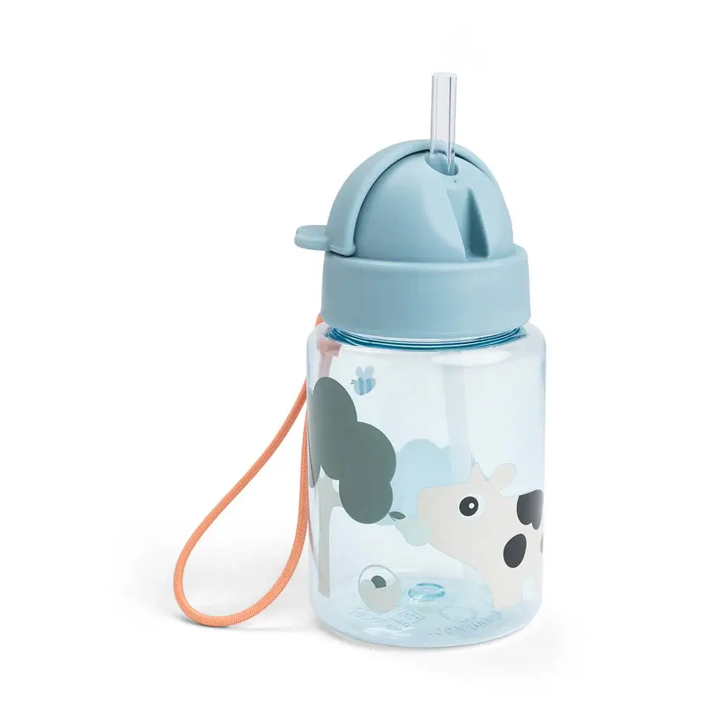Botella con Pajita Tiny Farm Azul
