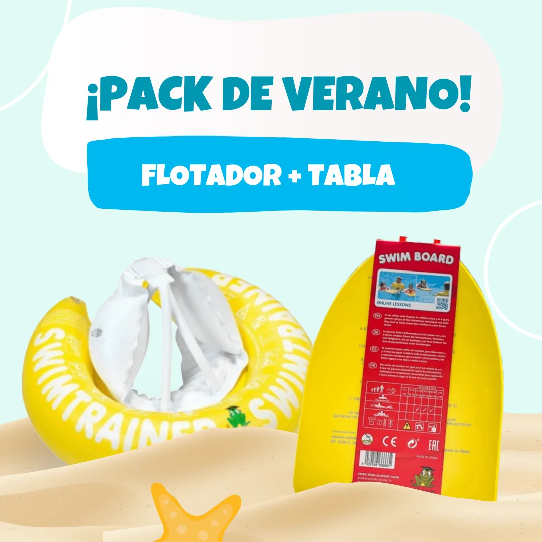 Pack Verano (Flotador Swimtrainer Amarillo 4 a 8 años + Tabla de Natación Infantil Freds Swim)
